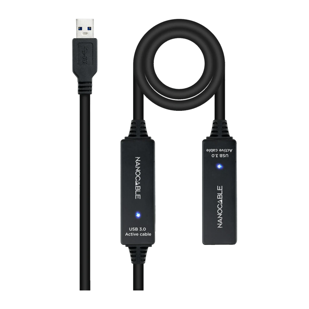 Cable usb Nanocable 3.0 prolongador con amplificador Tipo A M/H 10m Negro, vista frontal: conector Tipo A macho, cable