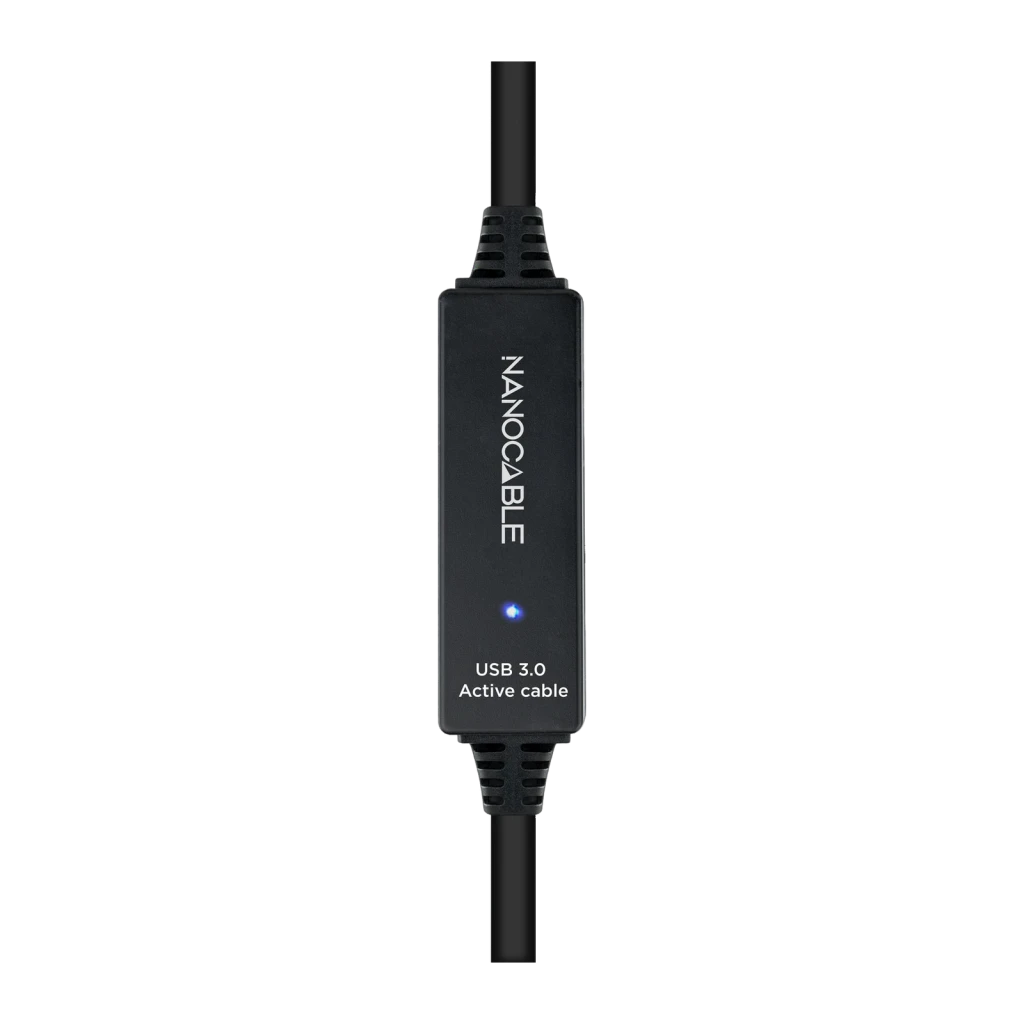 Cable usb Nanocable 3.0 prolongador con amplificador Tipo A M/H 10m Negro, detalle: caja amplificadora con LED azul