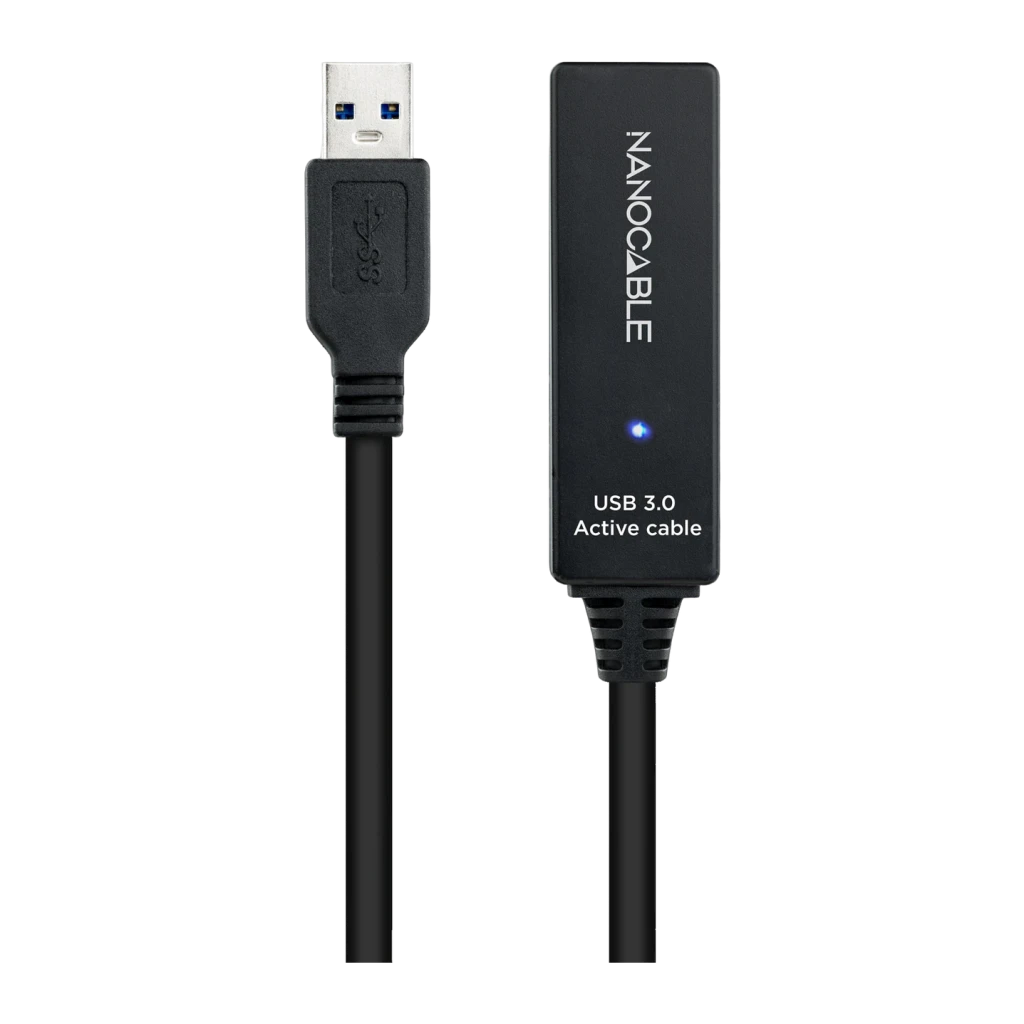 Cable usb Nanocable 3.0 prolongador con amplificador Tipo A M/H 10m Negro, detalle: conector Tipo A macho azul y caja