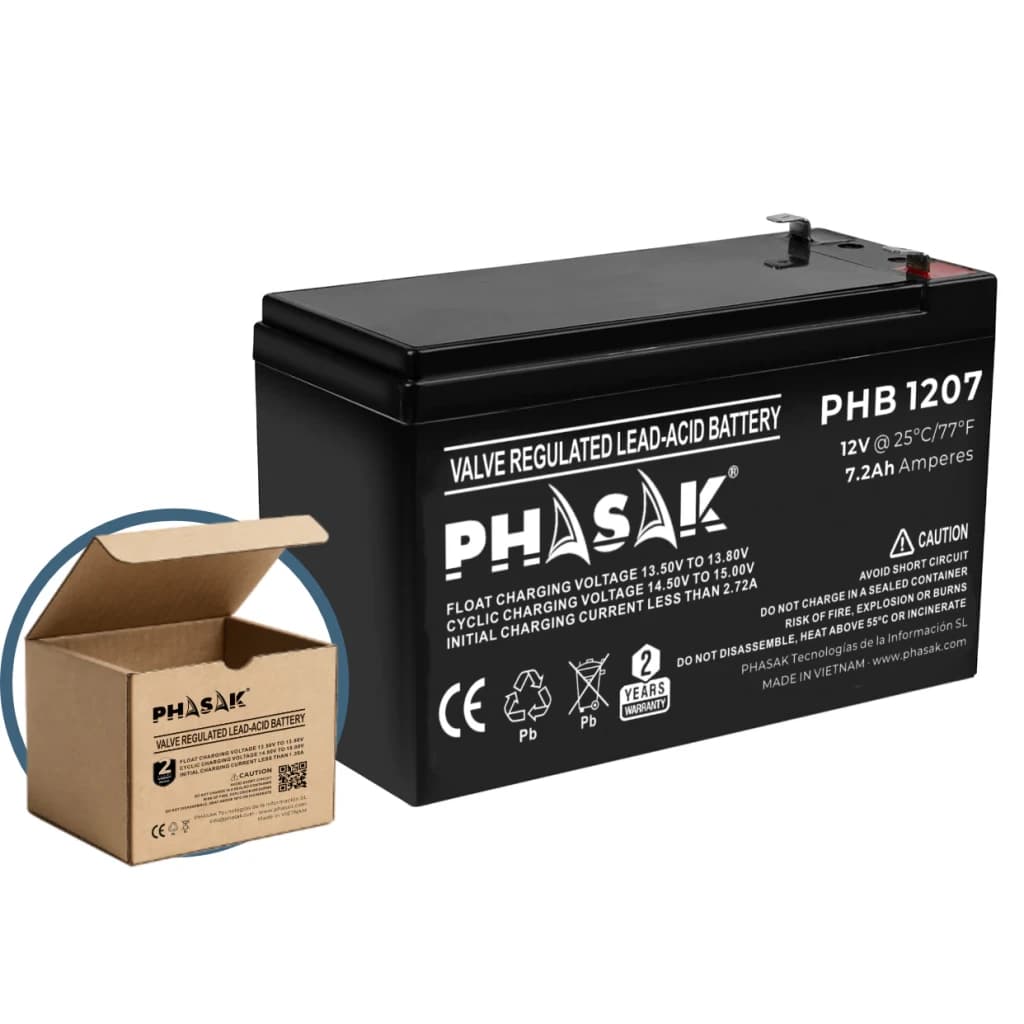 Bateria para UPS Phasak PHB 1207 12V 7Ah VRLA Preto, conteúdo da caixa: bateria preta com etiqueta frontal e caixa de cartão
