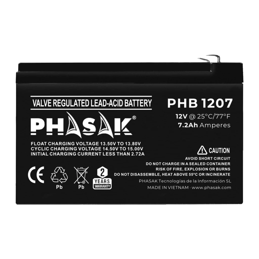 Bateria para UPS Phasak PHB 1207 12V 7Ah VRLA Preto, detalhe: etiqueta frontal com especificações técnicas e terminais