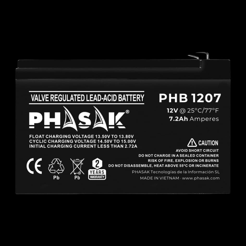 Bateria para UPS Phasak PHB 1207 12V 7Ah VRLA Preto, detalhe: etiqueta frontal com especificações técnicas e terminais