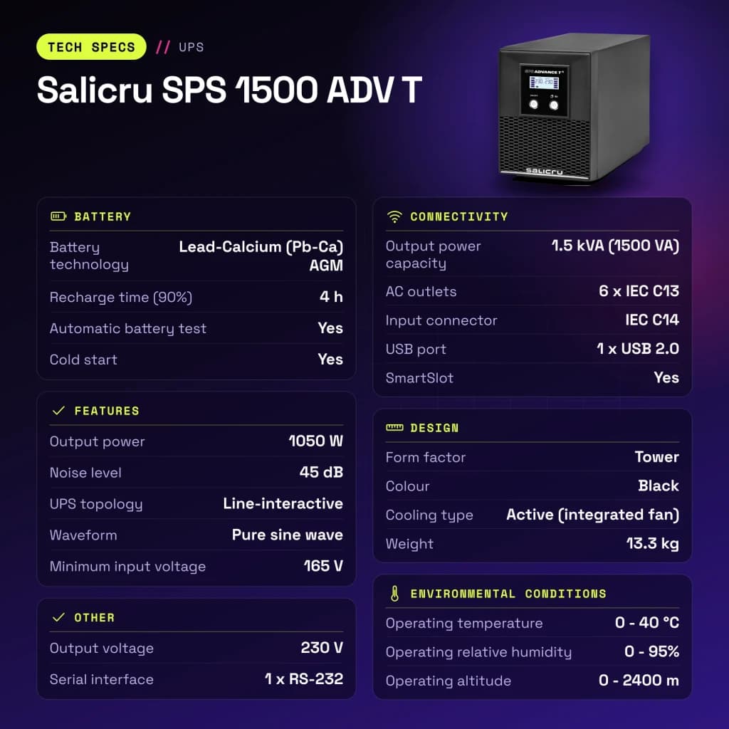 SAI UPS Salicru SPS 1500 ADV T Linha Interativa 1500VA Preto - características