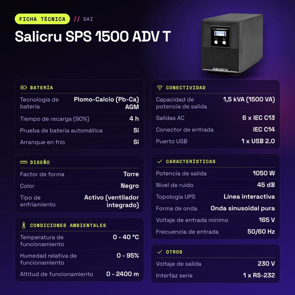 SAI UPS Salicru SPS 1500 ADV T Linha Interativa 1500VA Preto - características