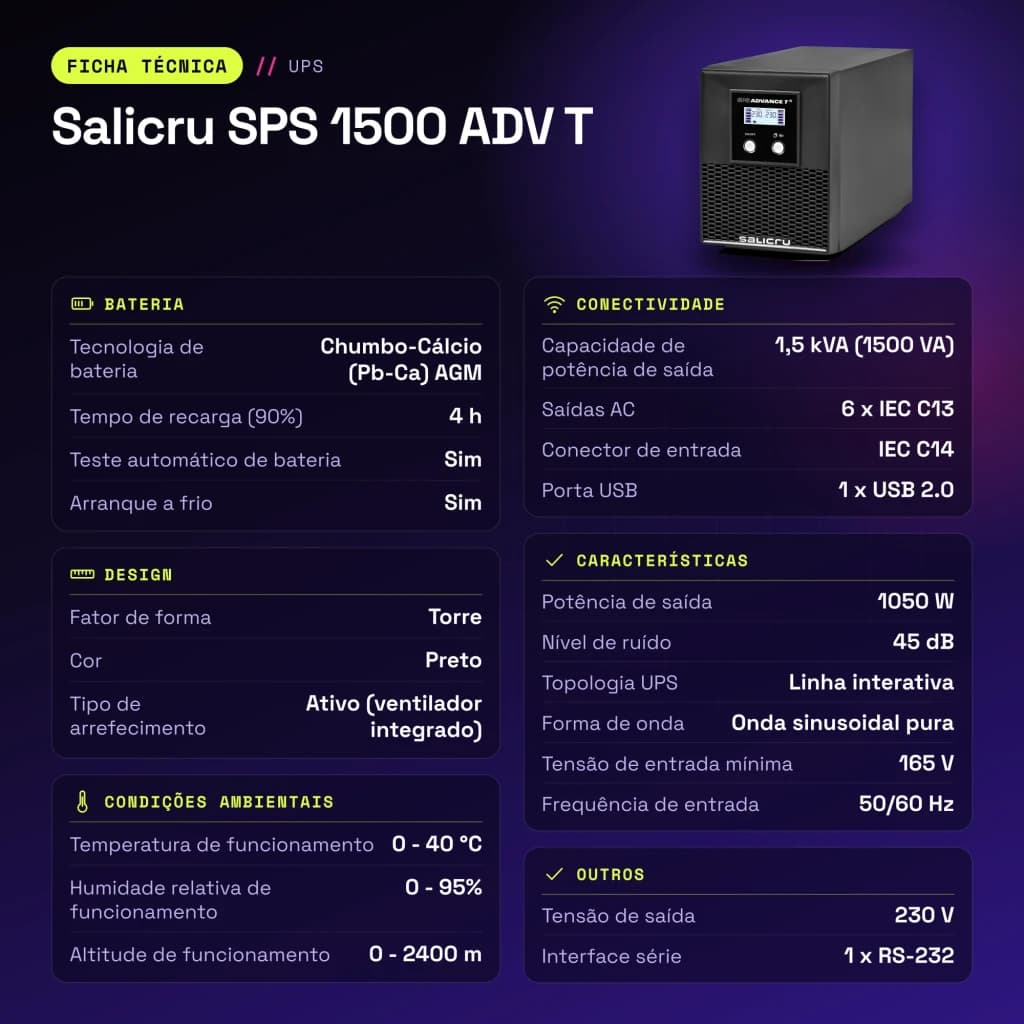 SAI UPS Salicru SPS 1500 ADV T Linha Interativa 1500VA Preto - características