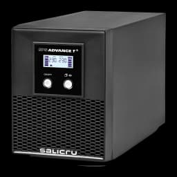 SAI UPS Salicru SPS 1500 ADV T Linha Interativa 1500VA Preto, vista frontal: ecrã LCD, botões ON/OFF e grelha de ventilação
