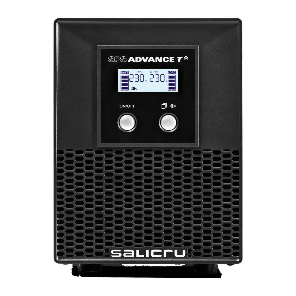 SAI UPS Salicru SPS 1500 ADV T Linha Interativa 1500VA Preto, detalhe: painel frontal com ecrã LCD 230V, botões ON/OFF