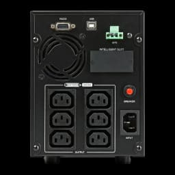 SAI UPS Salicru SPS 1500 ADV T Linha Interativa 1500VA Preto, vista traseira: portas RS232, USB, EPO, 6 saídas IEC, entrada