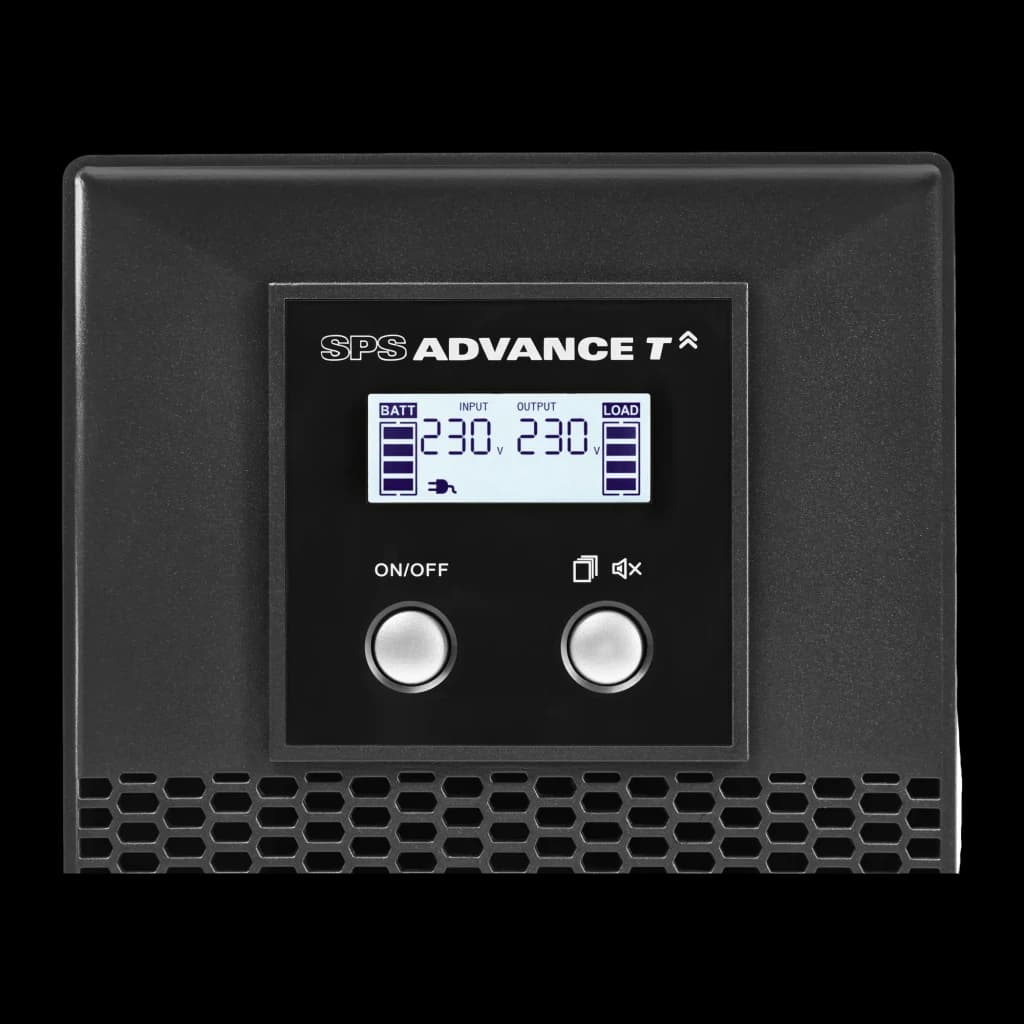 SAI UPS Salicru SPS 1500 ADV T Linha Interativa 1500VA Preto, detalhe: painel frontal com ecrã LCD 230V e botões ON/OFF