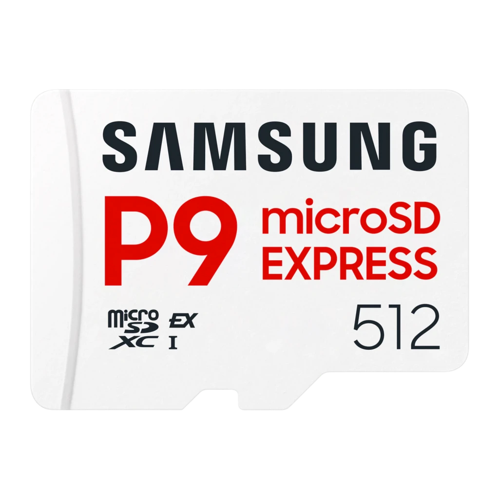 Tarjeta microSD Samsung P9 Express V30 U3 A1 512GB UHS-I Blanco, vista frontal: cara blanca con logo Samsung, P9 y microSD