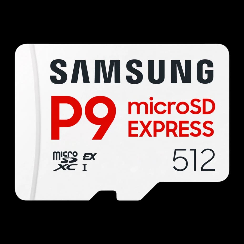 Tarjeta microSD Samsung P9 Express V30 U3 A1 512GB UHS-I Blanco, vista frontal: cara blanca con logo Samsung, P9 y microSD