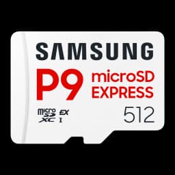 Tarjeta microSD Samsung P9 Express V30 U3 A1 512GB UHS-I Blanco, vista frontal: cara blanca con logo Samsung, P9 y microSD