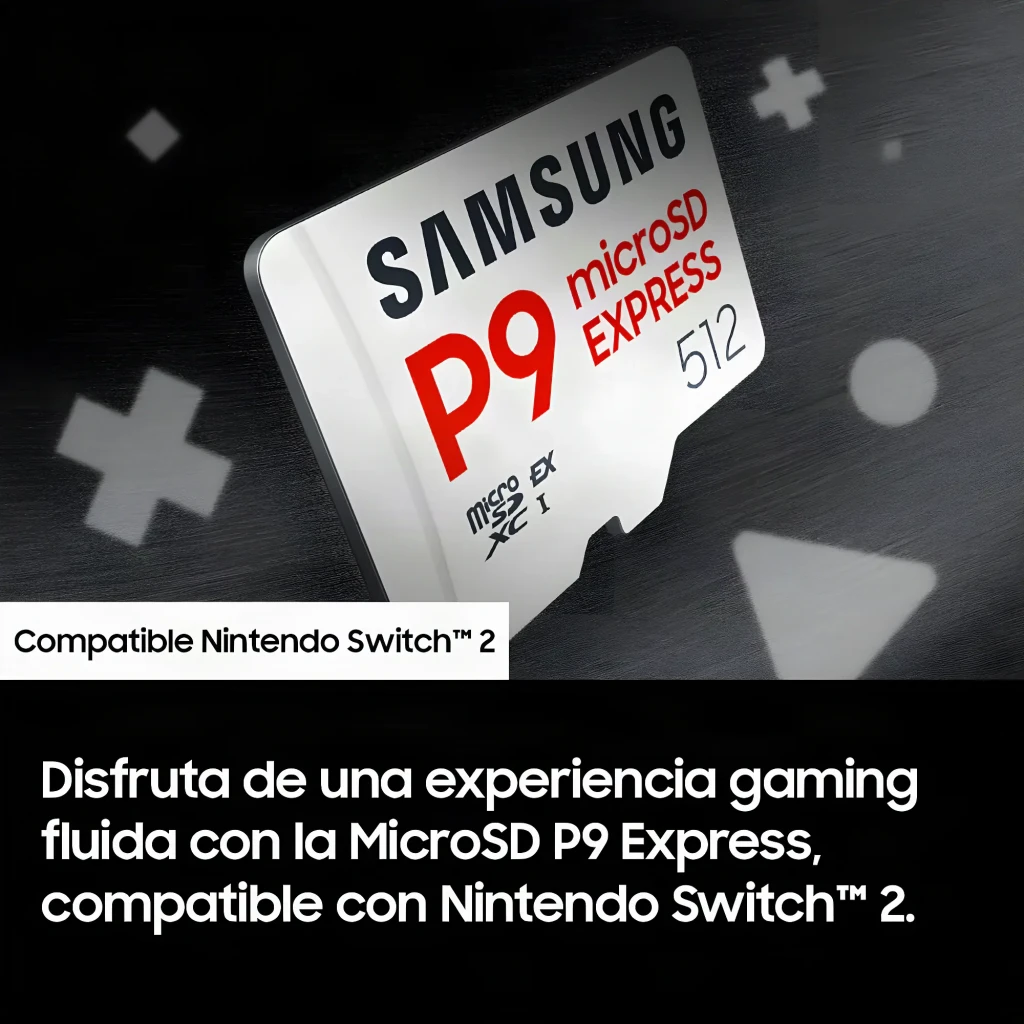 Tarjeta microSD Samsung P9 Express V30 U3 A1 512GB UHS-I Blanco, vista angular: tarjeta inclinada sobre fondo gaming