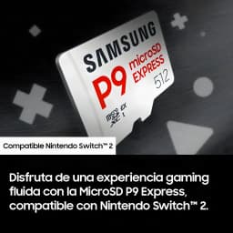 Tarjeta microSD Samsung P9 Express V30 U3 A1 512GB UHS-I Blanco, vista angular: tarjeta inclinada sobre fondo gaming