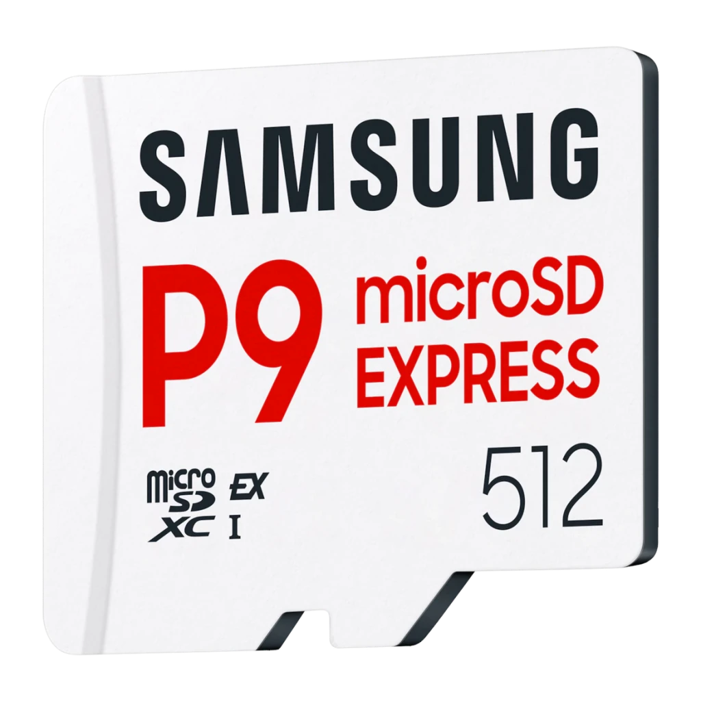 Tarjeta microSD Samsung P9 Express V30 U3 A1 512GB UHS-I Blanco, detalle: cara frontal en ángulo con logo P9 Express