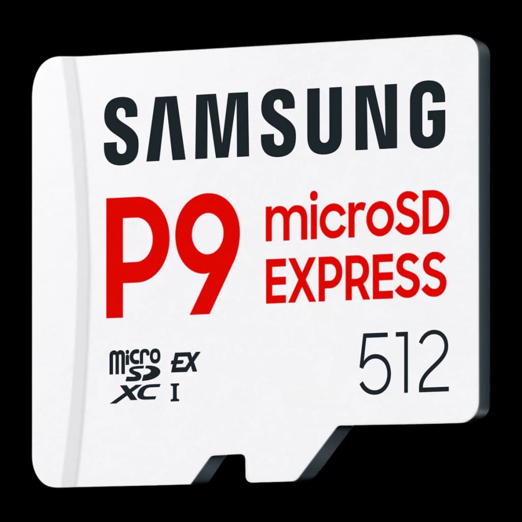 Tarjeta microSD Samsung P9 Express V30 U3 A1 512GB UHS-I Blanco, detalle: cara frontal en ángulo con logo P9 Express