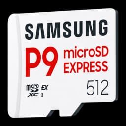 Tarjeta microSD Samsung P9 Express V30 U3 A1 512GB UHS-I Blanco, detalle: cara frontal en ángulo con logo P9 Express