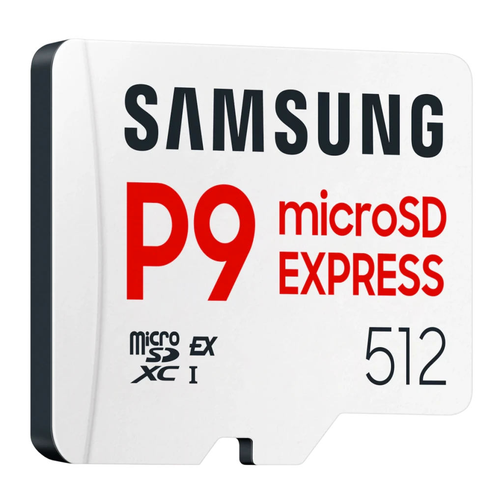 Tarjeta microSD Samsung P9 Express V30 U3 A1 512GB UHS-I Blanco, detalle: cara frontal en ángulo con logo Samsung, texto P9