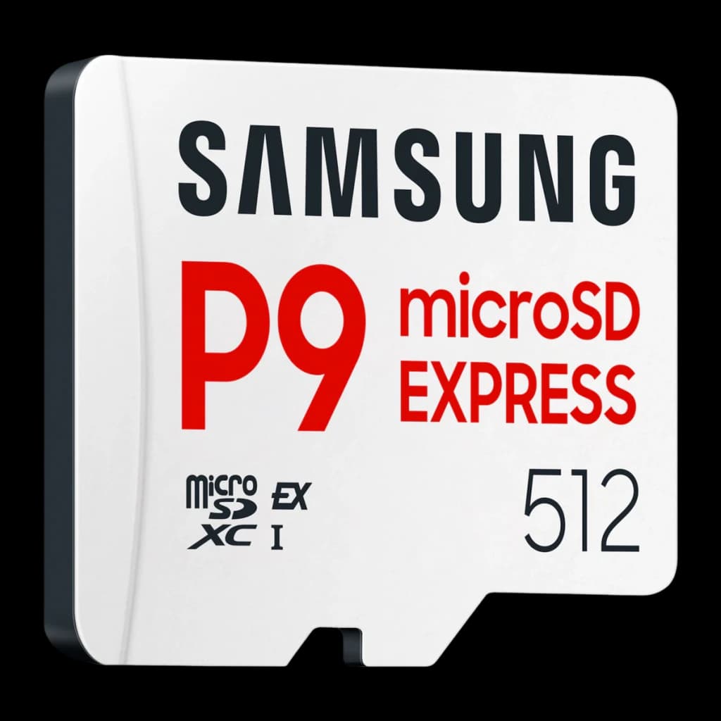 Tarjeta microSD Samsung P9 Express V30 U3 A1 512GB UHS-I Blanco, detalle: cara frontal en ángulo con logo Samsung, texto P9