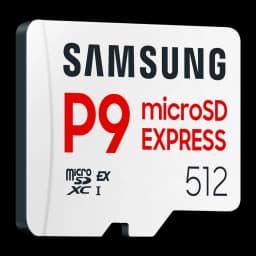Tarjeta microSD Samsung P9 Express V30 U3 A1 512GB UHS-I Blanco, detalle: cara frontal en ángulo con logo Samsung, texto P9
