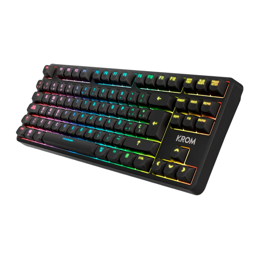 Teclado Gaming Krom Kernel Pro TKL Sem Fios Mecânico Outemu Red RGB Preto, detalhe: vista em ângulo com retroiluminação RGB