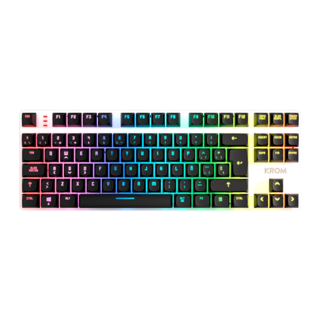 Teclado Gaming Krom Kernel Pro TKL Sem Fios Mecânico Outemu Red RGB Preto, detalhe: retroiluminação RGB multicolor em teclas