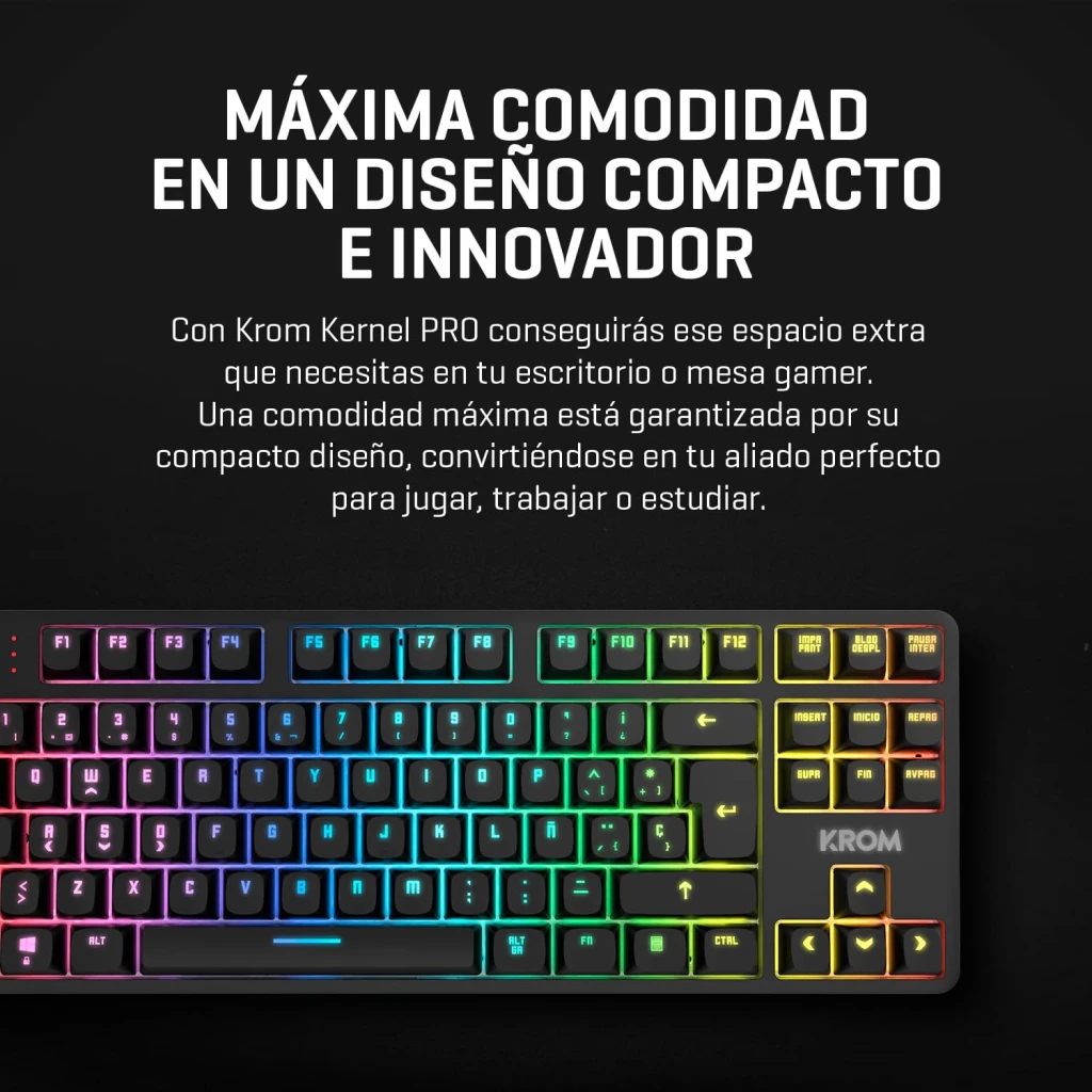 Teclado Gaming Krom Kernel Pro TKL Sem Fios Mecânico Outemu Red RGB Preto, infográfico: retroiluminação RGB multicolor