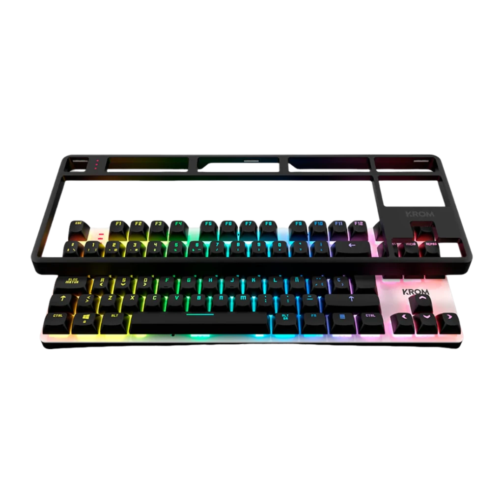 Teclado Gaming Krom Kernel Pro TKL Sem Fios Mecânico Outemu Red RGB Preto, detalhe: duas vistas sobrepostas com iluminação