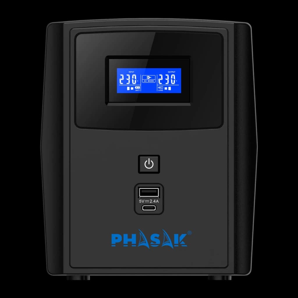 UPS Phasak Sirius Interactive 1260 VA PH 7312 Preto, vista frontal: ecrã LCD azul 230V, botão de energia e portas USB-A