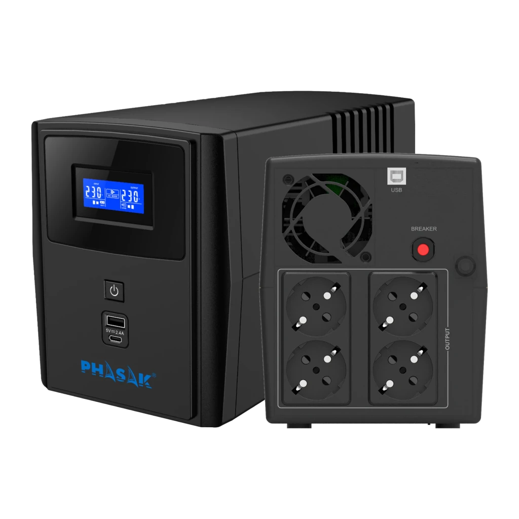UPS Phasak Sirius Interactive 1260 VA PH 7312 Preto, detalhe: painel frontal com LCD e traseira com 4 tomadas, porta USB