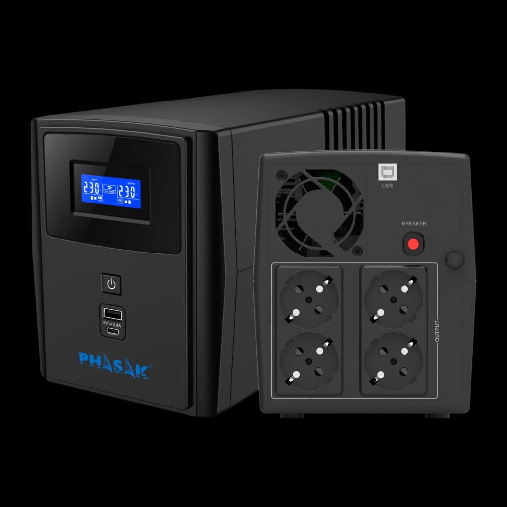 UPS Phasak Sirius Interactive 1260 VA PH 7312 Preto, detalhe: painel frontal com LCD e traseira com 4 tomadas, porta USB