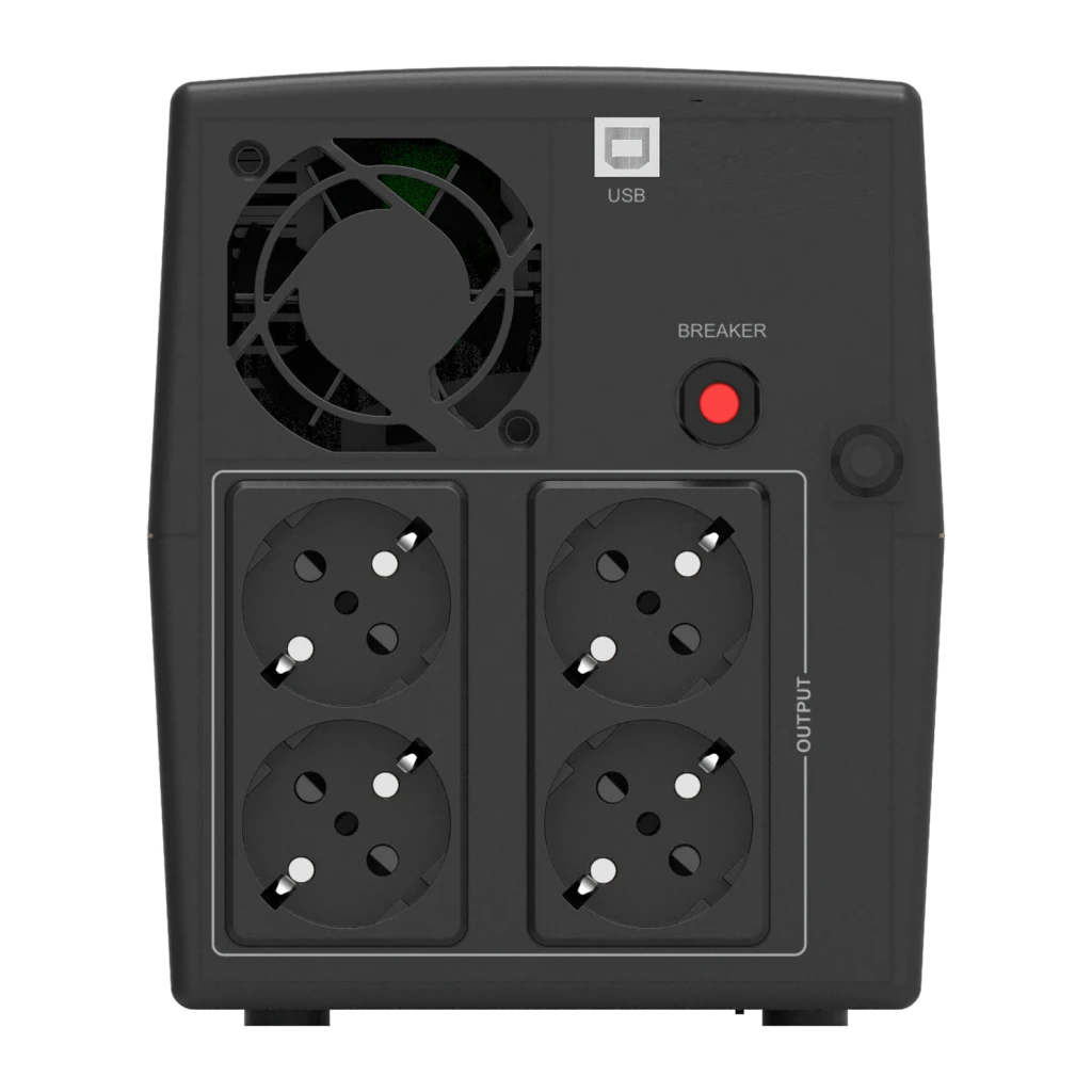 UPS Phasak Sirius Interactive 1260 VA PH 7312 Preto, vista traseira: ventoinha, porta USB, breaker vermelho e 4 tomadas