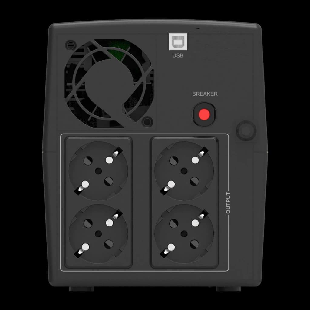 UPS Phasak Sirius Interactive 1260 VA PH 7312 Preto, vista traseira: ventoinha, porta USB, breaker vermelho e 4 tomadas