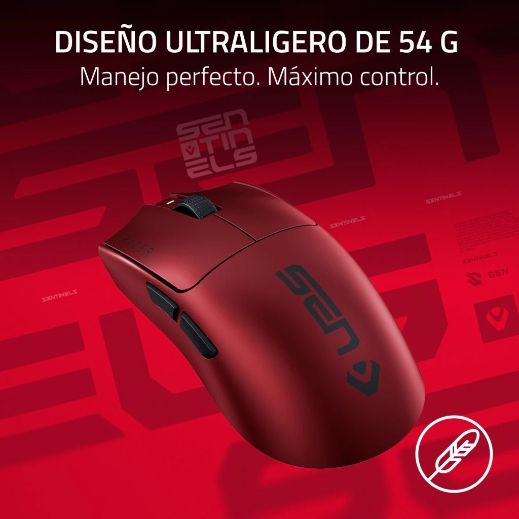 Ratón Gaming Razer Viper V3 Pro Sentinels Edition Inalámbrico 35000 DPI 54g Rojo, vista lateral izquierda: logo Sentinels