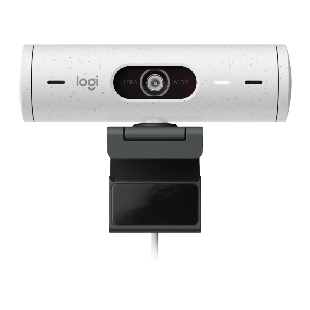 Webcam Logitech Brio 500 Full HD Blanc Cassé, vue de face: objectif ultra wide central, support clip gris et logo logi