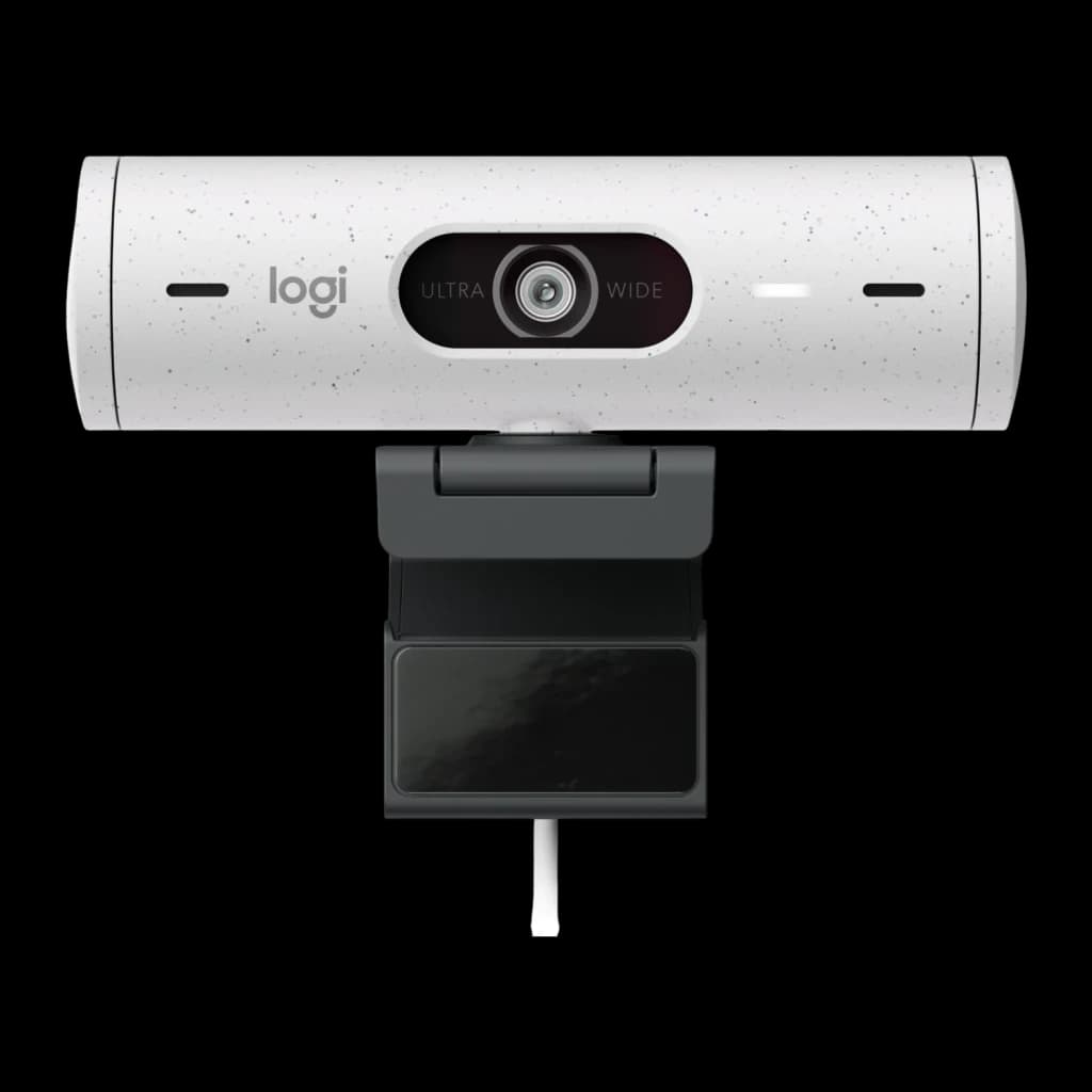 Webcam Logitech Brio 500 Full HD Blanc Cassé, vue de face: objectif ultra wide central, support clip gris et logo logi