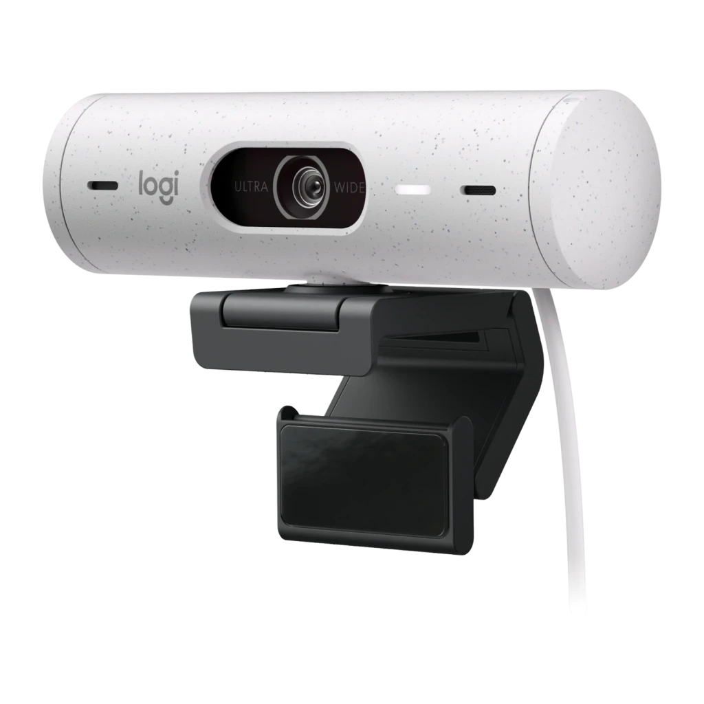 Webcam Logitech Brio 500 Full HD Blanc Cassé, détail: objectif ultra wide, support noir et câble USB visibles en angle