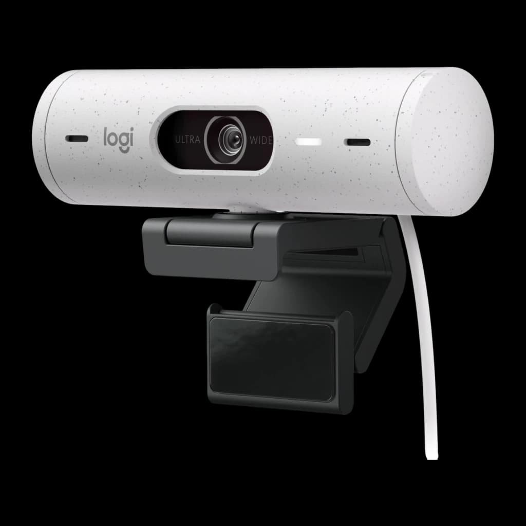 Webcam Logitech Brio 500 Full HD Blanc Cassé, détail: objectif ultra wide, support noir et câble USB visibles en angle