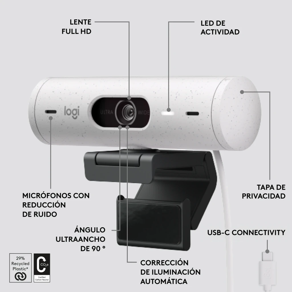 Webcam Logitech Brio 500 Full HD Blanc Cassé, vue avant avec légendes: objectif, LED, micro, cache-confidentialité et USB-C
