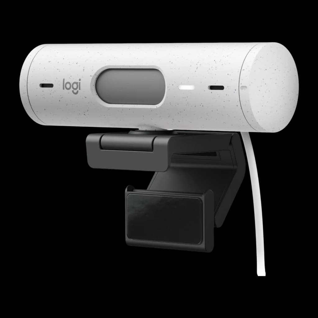 Webcam Logitech Brio 500 Full HD Blanc Cassé, détail: objectif avec cache de confidentialité, support noir et câble USB