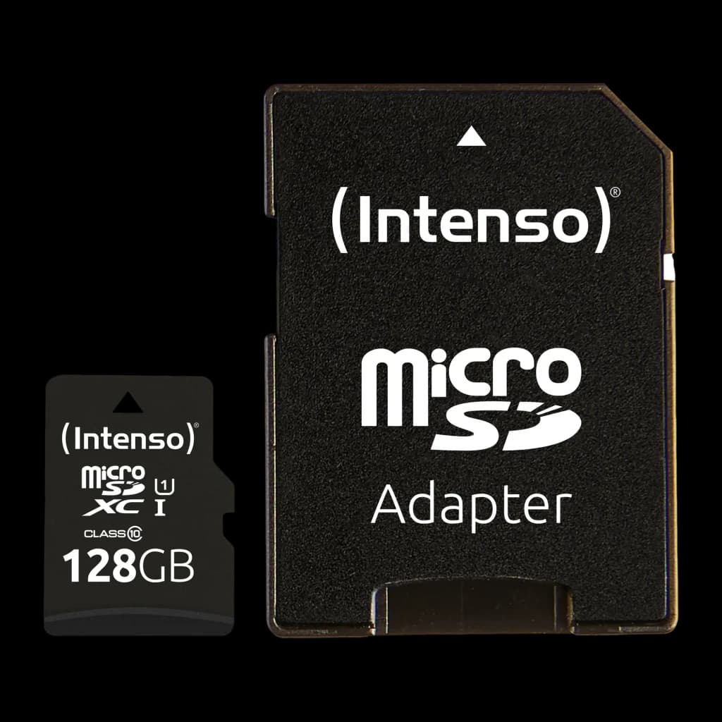 Tarjeta microSD Intenso Premium microSDXC 128GB Clase 10 UHS-I Negro, vista frontal: tarjeta y adaptador SD negros con logo