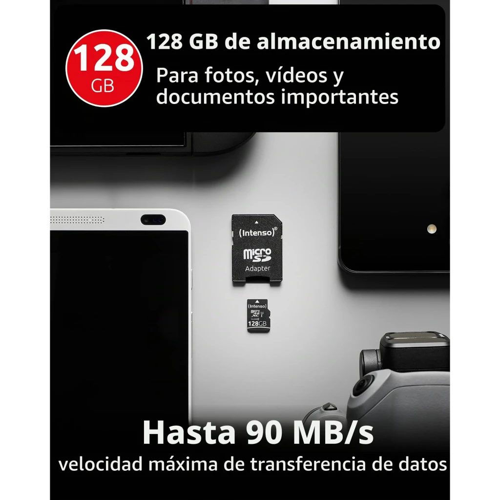Tarjeta microSD Intenso Premium microSDXC 128GB Clase 10 UHS-I Negro, infografía: tarjeta y adaptador junto a smartphone
