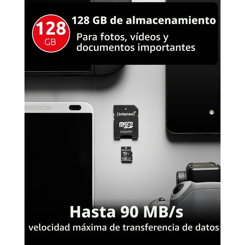 Tarjeta microSD Intenso Premium microSDXC 128GB Clase 10 UHS-I Negro, infografía: tarjeta y adaptador junto a smartphone