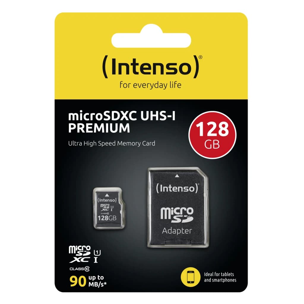 Tarjeta microSD Intenso Premium microSDXC 128GB Clase 10 UHS-I Negro, contenido de la caja: blíster con tarjeta y adaptador