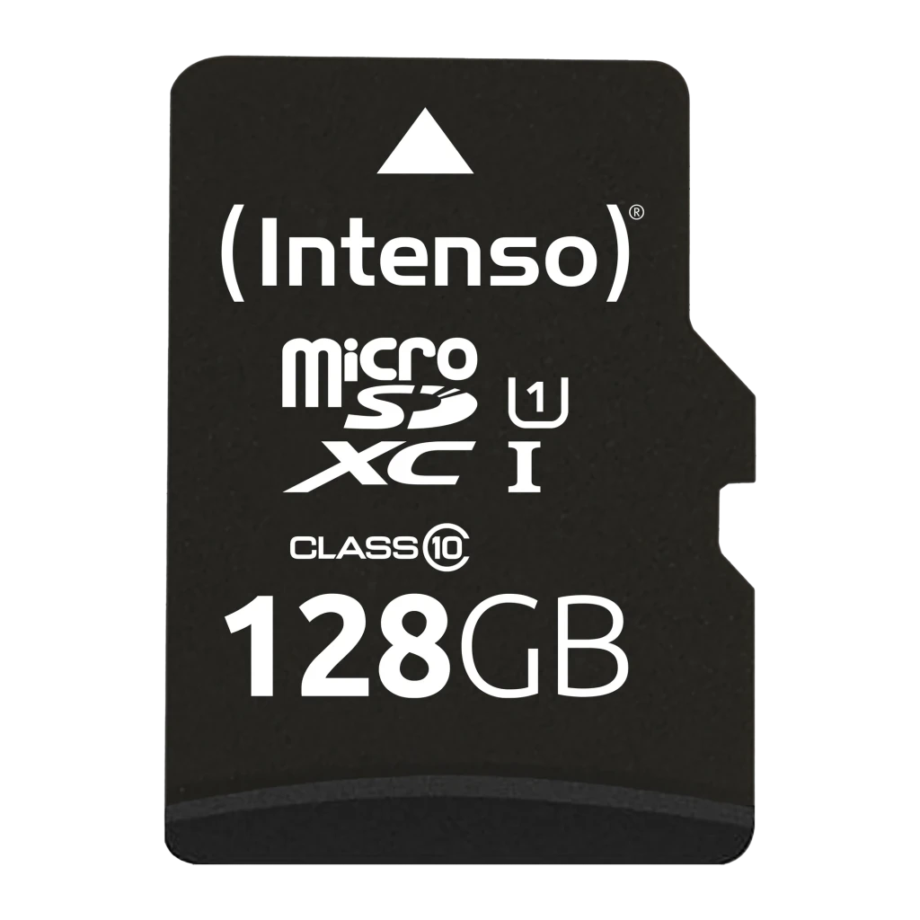 Tarjeta microSD Intenso Premium microSDXC 128GB Clase 10 UHS-I Negro, detalle frontal: logotipo, iconos microSDXC UHS-I