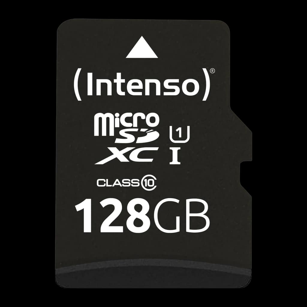 Tarjeta microSD Intenso Premium microSDXC 128GB Clase 10 UHS-I Negro, detalle frontal: logotipo, iconos microSDXC UHS-I