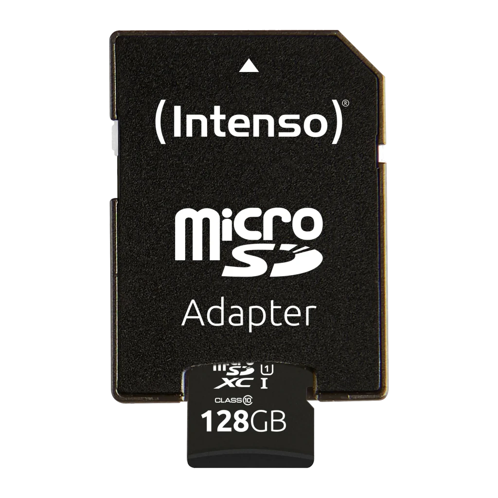 Tarjeta microSD Intenso Premium microSDXC 128GB Clase 10 UHS-I Negro, detalle: tarjeta insertada en adaptador SD negro
