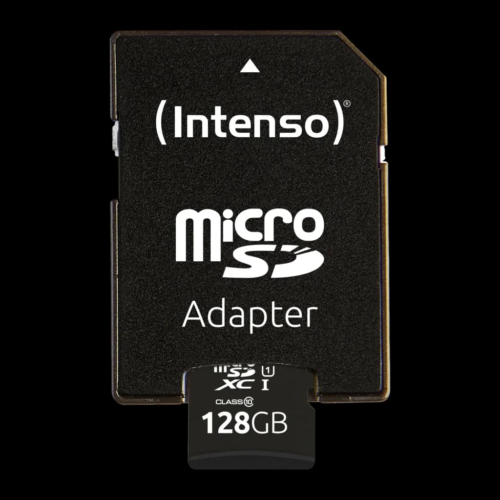 Tarjeta microSD Intenso Premium microSDXC 128GB Clase 10 UHS-I Negro, detalle: tarjeta insertada en adaptador SD negro