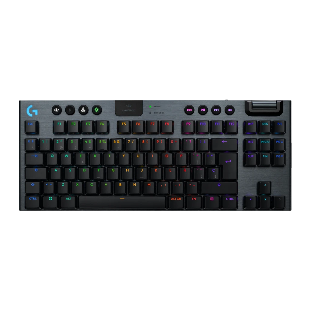 Teclado Gaming Logitech G915 X TKL Lightspeed Inalámbrico GL Tactile RGB Negro, vista frontal: teclas con retroiluminación