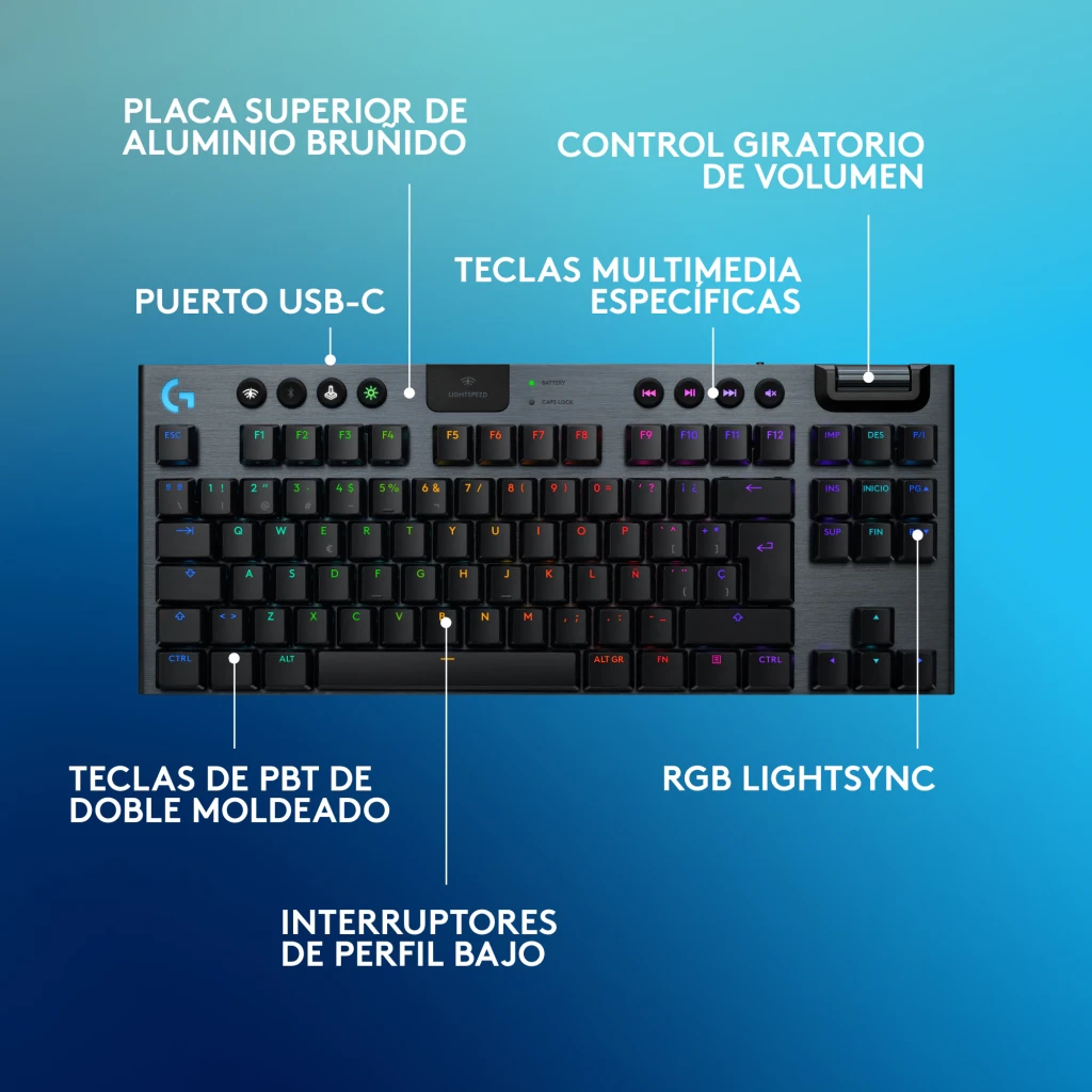 Teclado Gaming Logitech G915 X TKL Lightspeed Inalámbrico GL Tactile RGB Negro, infografía: placa aluminio bruñido, USB-C